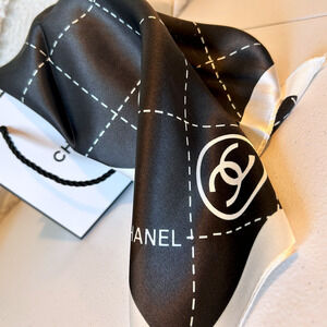 100% SILK Luxury Scarf Designer Logo 20" White on Black Glam Coquette Couture